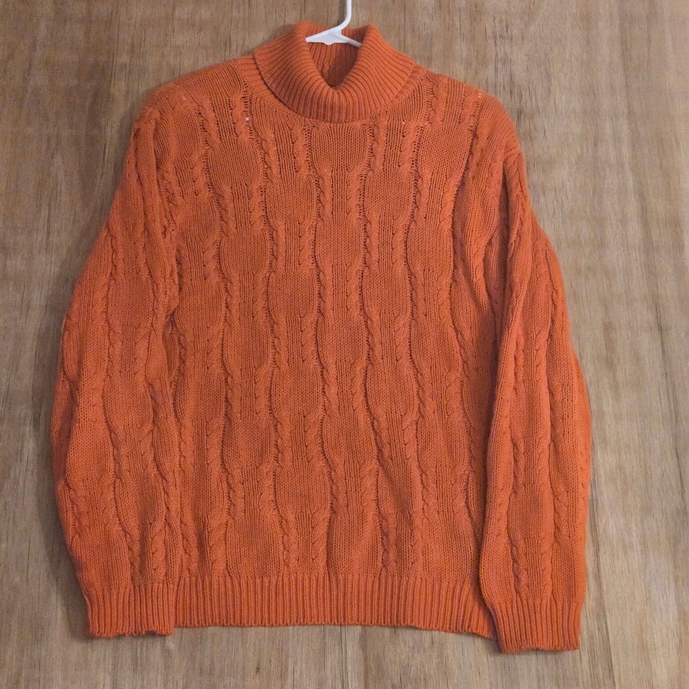 Orange Cable Knit Turtleneck Autumn Sweater 100% Cotton Women's Med Preppy Warm